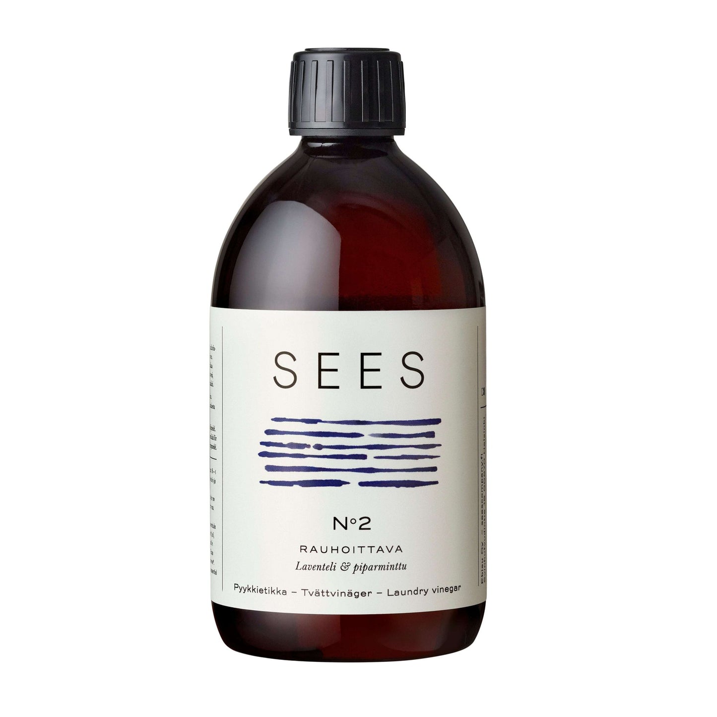 A brown bottle with a black cap labeled SEES No2 Rauhoittava, featuring a calming lavender & peppermint scent, described as laundry vinegar. The label features blue horizontal lines and text in multiple languages. The surface of the bottle is matte. The typography is mainly sans-serif and clean. Background is plain light grey with no objects or distractions, shot is front-facing product-only at mid-range distance. No people or hands are visible in the image.