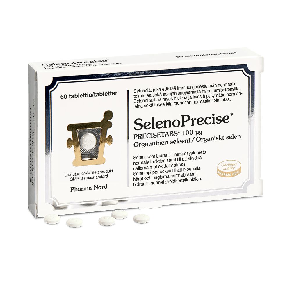 SelenoPrecise-pakkaus, valkoinen-keltainen mattapintainen rasia; neljä valkoista pyöreää tablettia rasian vieressä, teksti suomeksi ja ruotsiksi seleenistä
