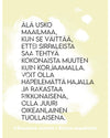 Text in Finnish on a soft abstract background. The message encourages self-acceptance, stating you can be loved even if you feel broken. At the bottom, it credits Susanna Jussila / Sielun sopukoita and features thoughtful keywords woven into its inspiring message. Placeholder.