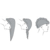 SkinMood Hair Turban Hiusturbaani; kolme sivukuvaa henkilöstä pitkine hiuksineen havainnollistamassa vaiheita: hiukset alaspäin, kierrettynä ja kierretyt hiukset taitettuna turbaaniin; yksinkertainen viivapiirrostyyli vähäisin yksityiskohdin; turbaani esitetty jokaisessa vaiheessa pelkistettynä muotona ilman brändäystä; valkoinen tausta ilman muita elementtejä tai tekstiä; kuvitus havainnollistaa pitkien hiuksien siistin kiinnittämisen turbaanin alle.