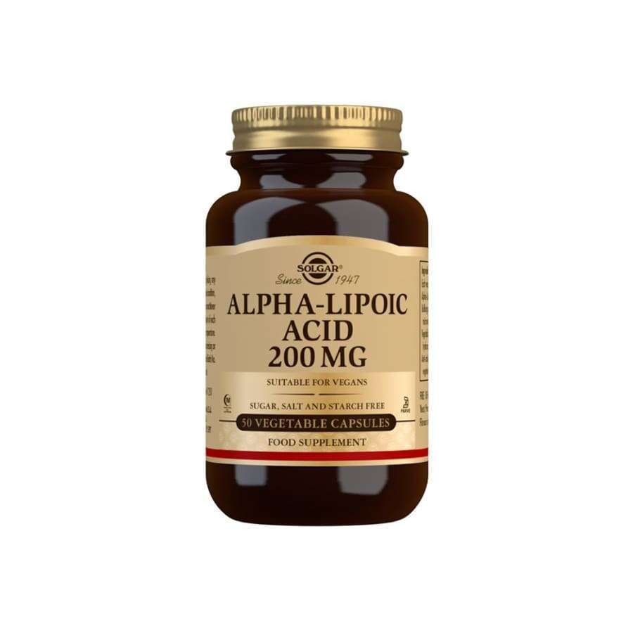 Solgar Alfalipoiinihappo 200 mg -pullo, ruskea lasi, kiiltäväpinta, kultainen muovikierrekorkki; lihavoitu antiikva- ja groteskiteksti kermanvärisellä pohjalla, 50 kasviskapselia, vegaaninen, sokeriton, suolaton ja tärkkelyksetön