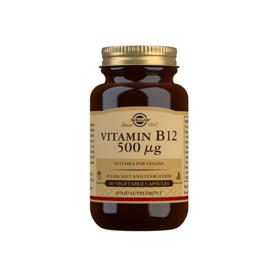 Solgar B12-vitamiini 500 mikrog -pullo, ruskea, kultainen korkki, valkoinen tausta; kermanvärinen etiketti kulta-mustalla antiikvatekstillä, vegaaninen, 50 kasviskapselia