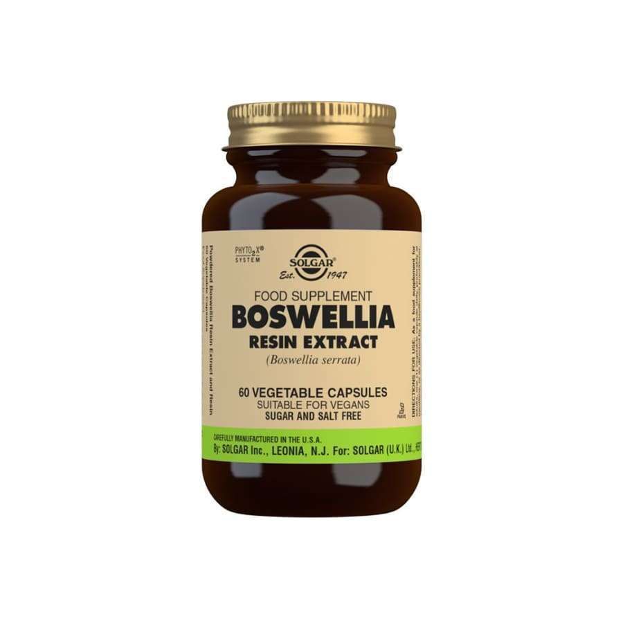 Solgar Boswellia -pullo, ruskea lasi, mattapinta, kultainen kierrekorkki; beige etiketti tummalla lihavoidulla antiikvatekstillä, 60 kasviskapselia, vegaaninen, sokeriton ja suolaton
