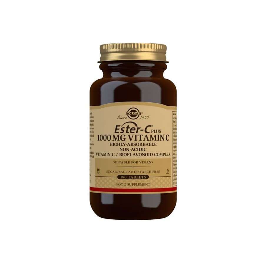 Solgar Ester-C Plus 1000 mg -pullo, ruskea lasipullo kultaisella metallikorkilla; 180 tablettia, vegaaninen, ei sokeria, suolaa tai tärkkelystä