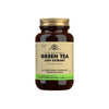 Solgar Green Tea Leaf Extract -pullo, ruskea muovi, kultainen korkki, vihreä-kultainen mattaetiketti; 60 kasviskapselia, vegaaninen, antiikvateksti