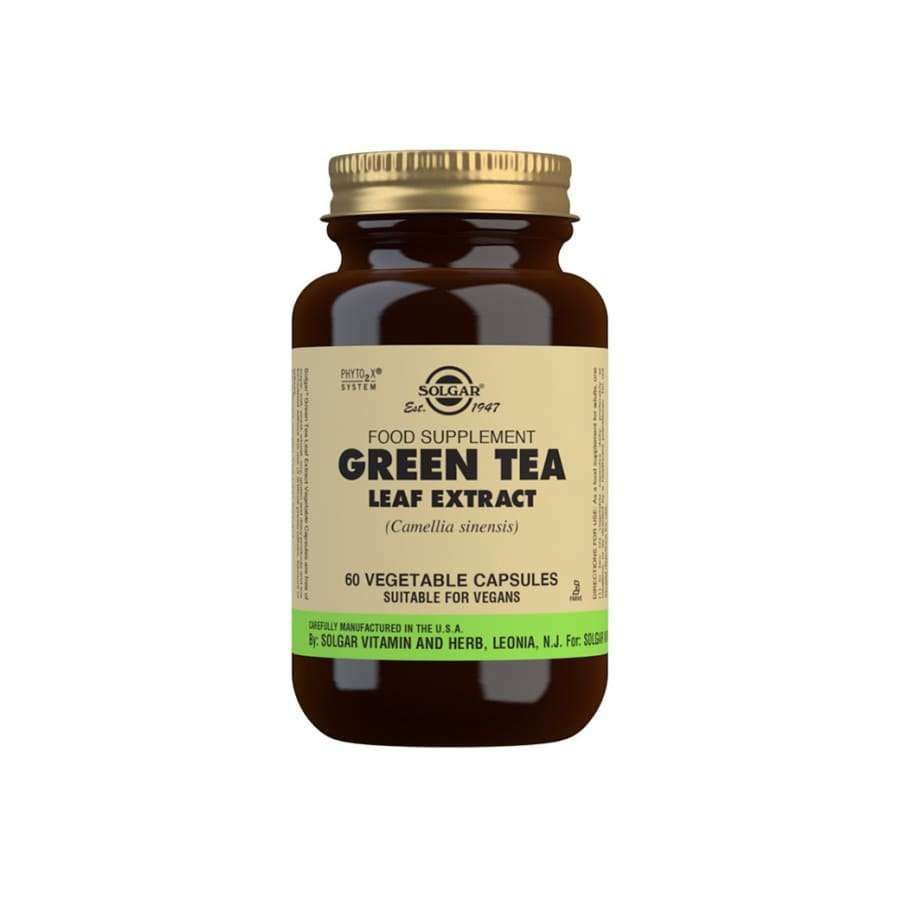Solgar Green Tea Leaf Extract -pullo, ruskea muovi, kultainen korkki, vihreä-kultainen mattaetiketti; 60 kasviskapselia, vegaaninen, antiikvateksti