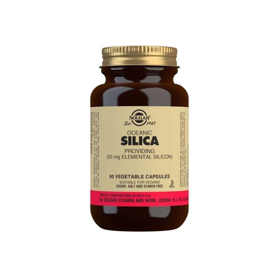 Solgar Oceanic Silica -pullo, ruskea lasi, matta kultainen kierrekorkki; antiikvateksti mustana ja kultaisena beigellä pohjalla, 25 mg alkuainepiitä, vegaaninen, 50 kapselia