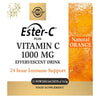 Solgar Ester-C® Plus Vitamin C 1000 mg elektrolyyttijuomajauhe; keltaisen-oranssin sävyinen, kiiltäväpintainen pahvipakkaus, jossa 21 annospussia; luonnollinen appelsiinin maku, merkintä 24 tunnin immuunitueksi.