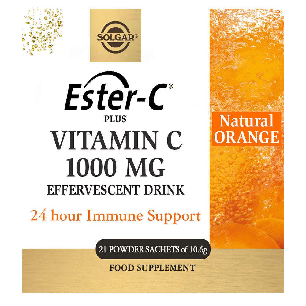 Solgar Ester-C® Plus Vitamin C 1000 mg elektrolyyttijuomajauhe; keltaisen-oranssin sävyinen, kiiltäväpintainen pahvipakkaus, jossa 21 annospussia; luonnollinen appelsiinin maku, merkintä 24 tunnin immuunitueksi.