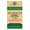 Front of a Solgar Earth Source Koji Fermented Zinc supplement box, 25 mg, 30 capsules, featuring green and beige colors and text highlighting its bioavailable, food-based zinc formula made from fermented ingredients. The box is rectangular with a matte finish. Bold serif and sans-serif fonts are used for the brand name and product details. There are no people or hands in the image. Plain background; studio-style shot.