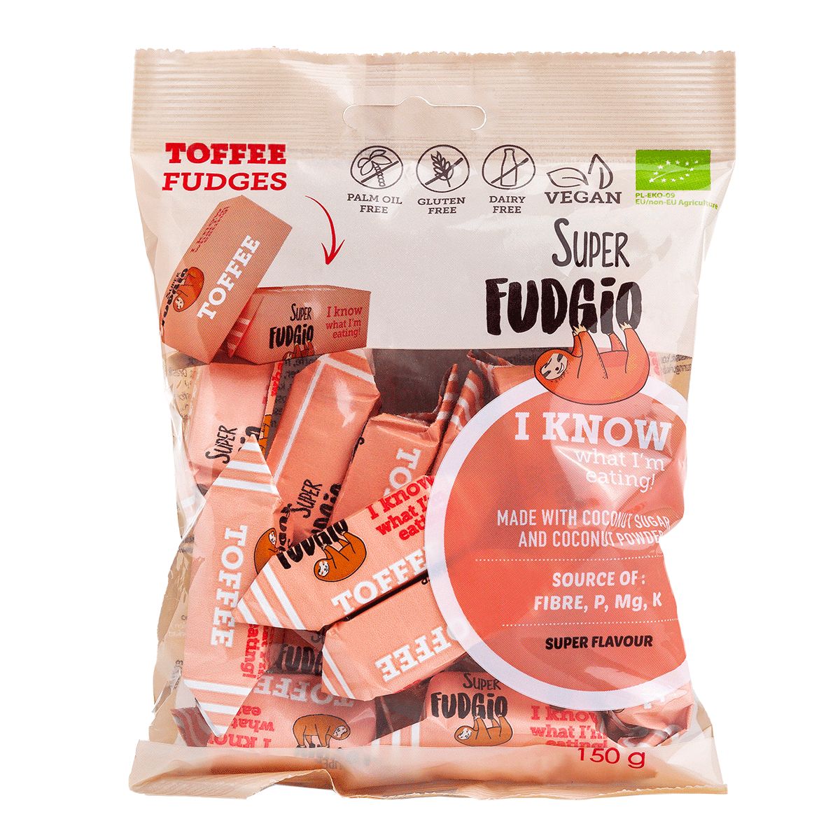 Super Fudgio Toffeefudge; pussi, jossa korostetaan vegaanista, gluteenitonta ja maidotonta koostumusta sekä kookossokerin ja kookossiirapin käyttöä; nämä makeiset ovat myös palmuöljyttömiä; pussi kiiltävä, uudelleensuljettava, ruskean ja kermanvärin sävyissä; groteskitekstiä brändinimelle ja väittämille; vaalea tausta, ei ihmisiä tai käsiä.