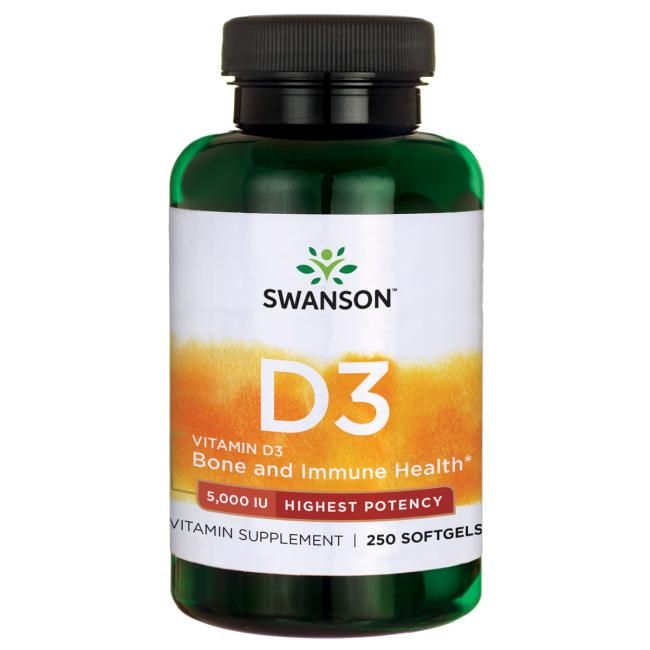 A bottle of Swanson Vitamin D3 supplement labeled Bone and Immune Health, featuring 250 softgels with 5,000 IU per serving for highest potency and daily wellness. The bottle is made of dark green plastic with a round shape and matte finish. The label is white with green and gold accents, printed in clear sans-serif type. Legible text includes product name, health focus, quantity, and dosage. No people or hands present; shot on a plain white background.