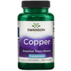 Swanson Copper 2 mg; vihreä muovipullo kiiltäväpintaisena, lieriön muotoinen musta kierrekorkki; etiketissä valkoinen alue yläosassa ja violetti nauha alaosassa, lihavoitua mustaa ja vihreää tekstiä; luettavissa: "Copper Essential Trace Mineral", 2 mg per tabletti, 300 tablettia; ei ihmisiä tai käsiä, valkoinen tausta.