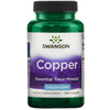 A green plastic bottle with a shiny surface, cylindrical shape, and black screw cap. Label has a white area above and purple band below, with bold black and green text. Legible label: Swanson Copper Essential Trace Mineral, 2 mg per tablet, 300 tablets. No people or hands present. Bottle is photographed against a plain white background.
