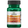 Green plastic bottle of Swanson Tocotrienols antioxidant support supplement, 50 mg from annatto, containing 60 softgels. The label is white with orange and yellow color blocks and uses bold sans-serif type for the brand name. All text on the label is legible from a front-facing angle. Product stands upright against a plain white background. No people or hands are present in the image.