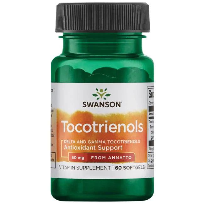 Green plastic bottle of Swanson Tocotrienols antioxidant support supplement, 50 mg from annatto, containing 60 softgels. The label is white with orange and yellow color blocks and uses bold sans-serif type for the brand name. All text on the label is legible from a front-facing angle. Product stands upright against a plain white background. No people or hands are present in the image.
