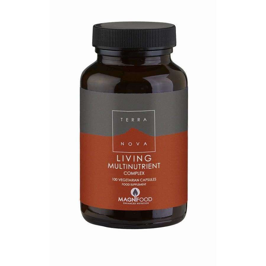 Terranova Living Multinutrient Complex -pullo, Magnifood, 100 kasvikapselia; tummanruskea mattapintainen sylinterinmuotoinen pullo mustalla muovikorkilla, etiketissä valkoinen lihavoitu groteskiteksti vihreällä ja punaisella pohjalla