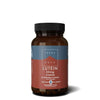 TERRANOVA LUTEIN 20mg COMPLEX -pullo, ruskea lasipullo, sisältää 50 kasviskapselia, mattapunainen ja harmaa etiketti; etiketissä teksti "100% vegan" ja "additive-free" yksinkertaisella tekstausvapaalla typografialla; sylinterimäinen suoralaitainen muoto, muovinen kierrekorkki; tausta yksinkertainen, ei ihmisiä tai rekvisiittaa näkyvissä.