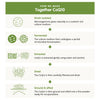 Together Health Bio-CoQ10; infografiikka viidellä vaiheella Together CoQ10:n valmistuksesta: huolellisesti valittu kanta, fermentointi, uutto, kuivaus sekä jauhatus ja seulonta; jokaisella vaiheella oma kuvake ja lyhyt kuvaus; yksinkertaista graafiikkaa ohuin viivakuvakkein lyhyiden tekstilohkojen yläpuolella; valkoinen tausta, ei rekvisiittaa tai ihmisiä kuvassa.