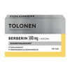Tolonen Berberin 500 mg + Kromi -tablettipakkaus suomenkielisin merkinnöin, sisältää 120 tablettia normaalin verensokeritasapainon ja aineenvaihdunnan tukemiseen; pakkauksen värit valkoinen, harmaa ja keltainen; suorakulmainen pahvilaatikko mattapinnalla; mustaa tekstausvapaata typografiaa; selkeä tuotenimi ja annostus etupaneelissa; neutraali tausta, ei ihmisiä tai käsiä näkyvissä.