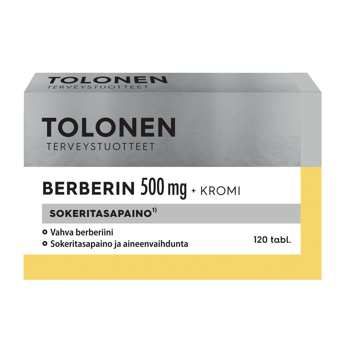 Tolonen Berberin 500 mg + Kromi -tablettipakkaus suomenkielisin merkinnöin, sisältää 120 tablettia normaalin verensokeritasapainon ja aineenvaihdunnan tukemiseen; pakkauksen värit valkoinen, harmaa ja keltainen; suorakulmainen pahvilaatikko mattapinnalla; mustaa tekstausvapaata typografiaa; selkeä tuotenimi ja annostus etupaneelissa; neutraali tausta, ei ihmisiä tai käsiä näkyvissä.