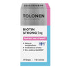 Tolonen Biotiini Strong 5 mg, 30 kapselia; pääosin valkoinen rasia sinisin ja vaaleanpunaisin korostuksin, suomenkielistä tekstiä hiusten kasvua, ihoa ja kynsiä tukevista ominaisuuksista; mattapintainen, suorakulmainen pakkaus; selkeää mustaa groteskitekstiä tuotenimelle ja annostukselle, pienempää kuvaustekstiä alla; vaalea tausta, ei ihmisiä.