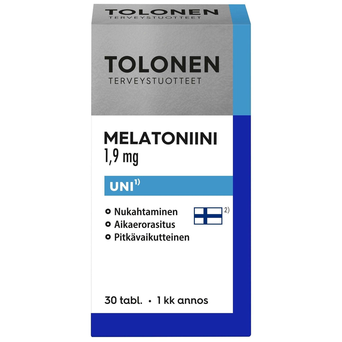 Tolonen Melatoniini 1,9 mg -tablettipakkaus, suomenkielinen teksti; valkoinen pahvipakkaus sinisin ja harmain korostuksin, mattapinnalla ja suorakulmaisella muodolla; teksti sisältää "Melatoniini 1,9 mg" ja muita suomenkielisiä sanoja tekstausvapaalla fontilla; etupuolella Suomen lippu luetelmakohtien vierellä; ei ihmisiä tai käsiä näkyvissä; tausta yksinkertainen.
