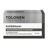 Tolonen Superman+ -pakkaus, suomenkielistä tekstiä testosteronitasojen tukemisesta, sisältää voimakkaita ainesosia kuten Tribulus terrestris ja arginiini; pakkaus sisältää 60 tablettia; suorakulmainen pahvipakkaus sinisin ja hopeisin värein; etupuolella lihavoitua valkoista ja keltaista typografiaa sekä suuraakkosin että pienaakkosin; pinta mattamainen; ei käsiä tai ihmisiä näkyvissä, kuvattu vaaleaa taustaa vasten studioympäristössä.