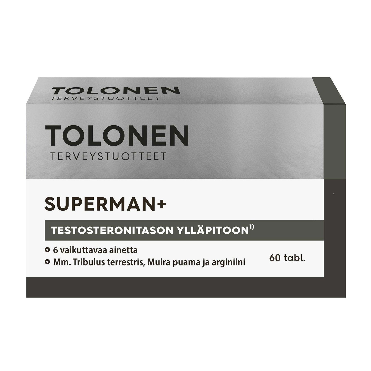Tolonen Superman+ -pakkaus, suomenkielistä tekstiä testosteronitasojen tukemisesta, sisältää voimakkaita ainesosia kuten Tribulus terrestris ja arginiini; pakkaus sisältää 60 tablettia; suorakulmainen pahvipakkaus sinisin ja hopeisin värein; etupuolella lihavoitua valkoista ja keltaista typografiaa sekä suuraakkosin että pienaakkosin; pinta mattamainen; ei käsiä tai ihmisiä näkyvissä, kuvattu vaaleaa taustaa vasten studioympäristössä.
