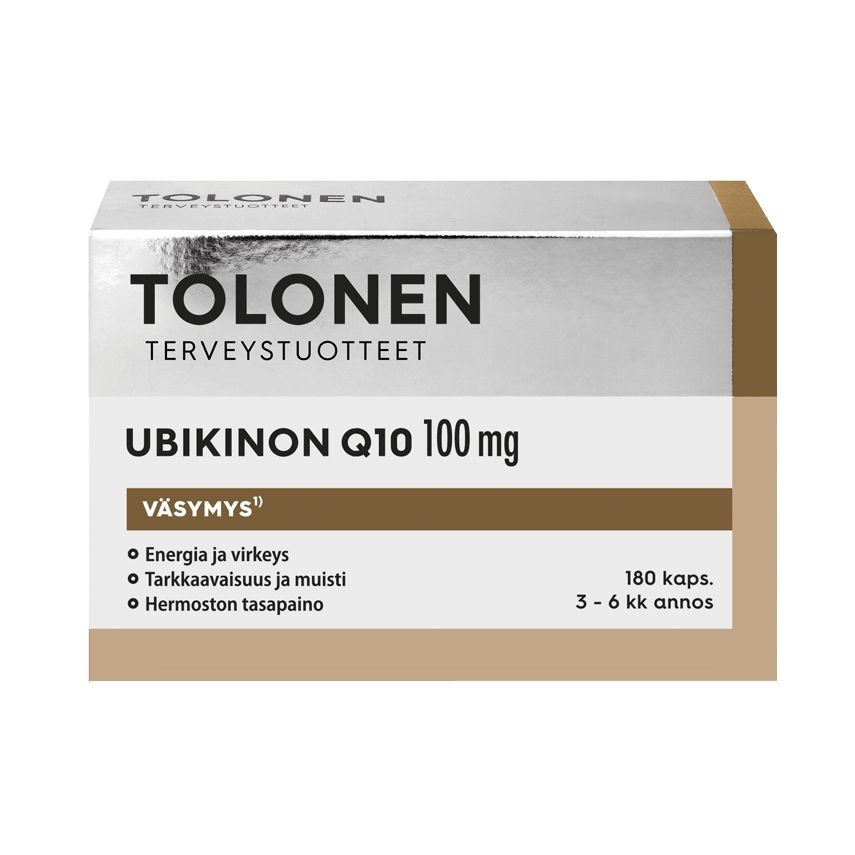Tolonen Ubikinon 100 mg + B-vitamiinit -pakkaus, suomenkielinen teksti korostaa hyötyjä kuten energiaa, muistia ja hermoston tasapainoa; laatikko pääosin valkoinen sinisin korostuksin, mattapinnalla, lihavoitua tekstausvapaata typografiaa; etiketissä ilmoitettu 180 kapselia 3–6 kuukauden käyttöön; tausta yksinkertainen; ei ihmisiä tai käsiä näkyvissä; kuva vain tuotteesta edestäpäin.