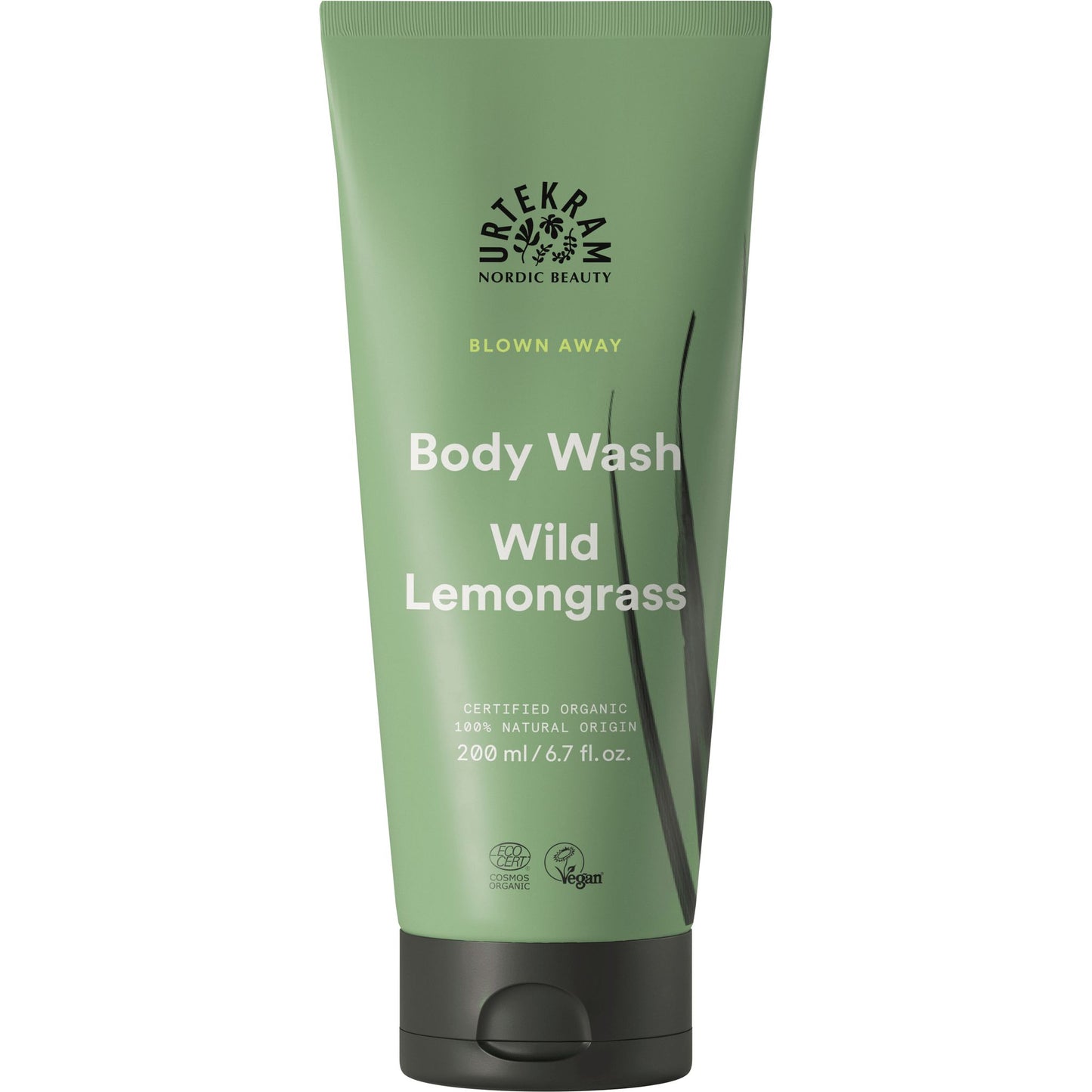 Urtekram Blown Away Wild Lemongrass Lahjapakkaus; vihreä tuubi, 200 ml, suihkuvoide läppäkorkilla; tuubi muovia mattapintaisena; etiketin teksti valkoisella ja keltaisella groteski- ja antiikvakirjasimella mainiten vegaanisuuden, luomusertifioinnin ja 100-prosenttisen luonnollisen alkuperän; valkoinen tausta, ei ihmisiä tai käsiä, suora tuotekuva.