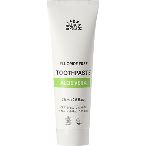 Urtekram Aloe Vera Hammastahna -tuubi, 75 ml, valkoinen, mattapinta, valkoinen korkki, fluoridivapaa; teksti sertifioidusta luomusta, 100 % luonnollinen alkuperä, vegaaninen kaava, vihreä korostusväri