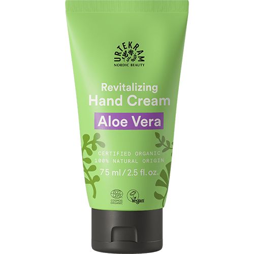 Urtekram Aloe Vera Käsivoide -tuubi, 75 ml (2,5 fl. oz.), vihreä, mattapintainen, läpsykansi; sertifioitu luomu, 100 % luonnollinen alkuperä, vegaaninen kaava, aloe vera -uute, lihavoitu valkoinen groteskiteksti