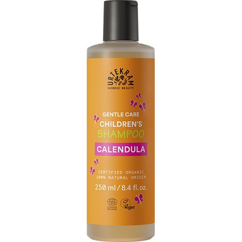 Urtekram Lasten Shampoo kehäkukalla, 250 ml valkoinen muovipullo; oranssi etiketti valkoisella ja violetilla tekstillä sekä luomu- ja vegaanimerkinnöillä