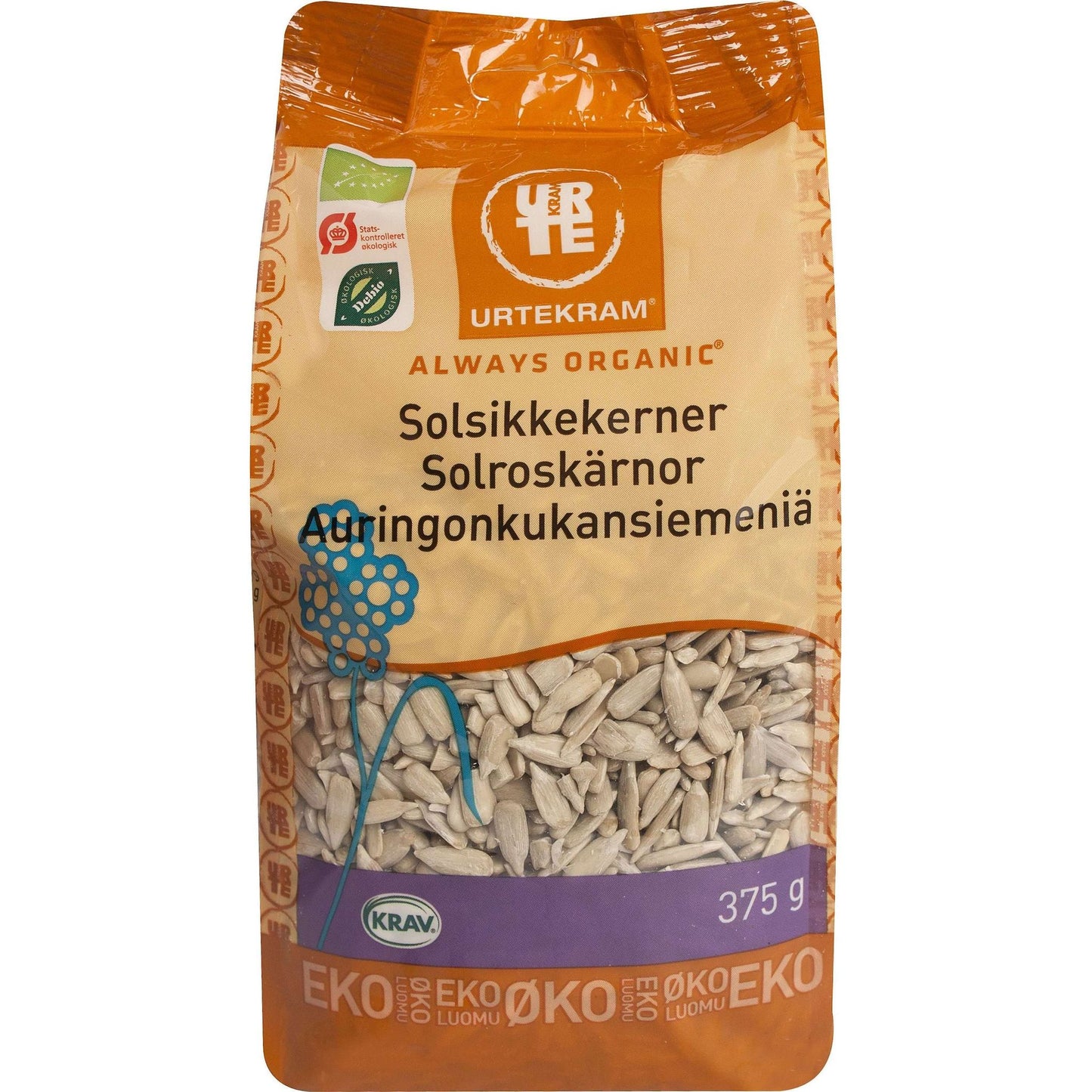 Urtekram Luomu Auringonkukansiemen, 375 g; monikielinen etiketti ja ympäristösertifiointilogot oranssin ja kirkkaan pakkauksen etusivulla; suorakulmainen pussi matta- ja kiiltäväosin, läpinäkyvä ikkuna siemenille, painettu groteskityyppi, keskeinen brändilogo ja näkyvä paino; tuote pystyssä vaalealla taustalla studiokuvassa.
