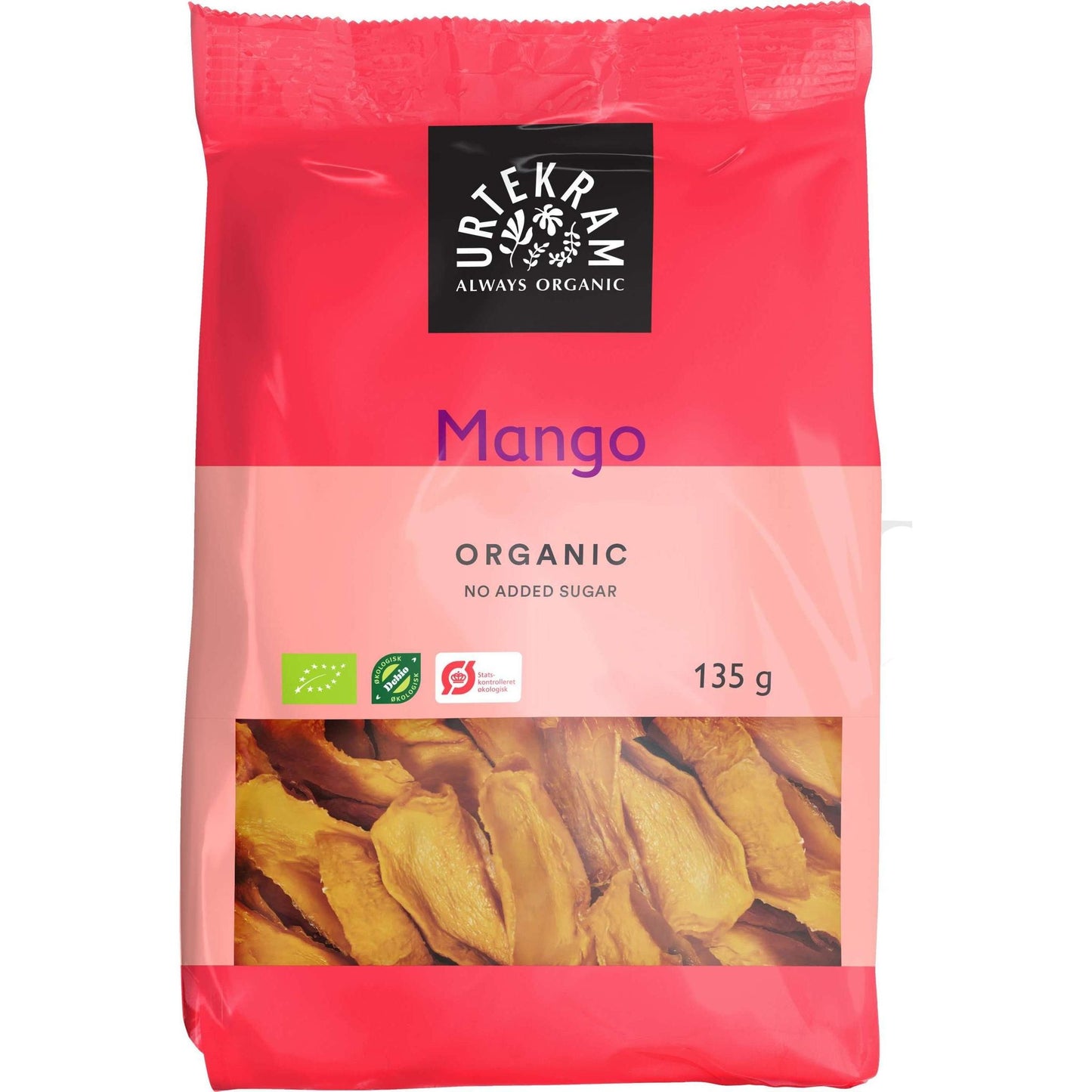 Urtekram Luomu Mango -pussi, 135 g, kirkkaanpunainen-vaaleanpunainen, kuivattuja mangoviipaleita; joustava mattapintainen pussi, uudelleensuljettava yläosa, teksti "no added sugar" ja luomumerkit