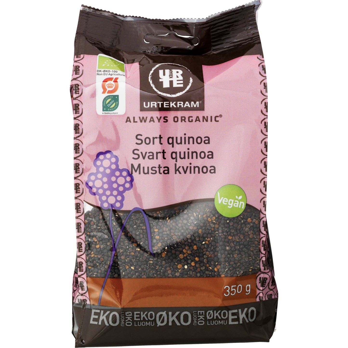 Urtekram Luomu Musta kvinoa -pussi, 350 g, vaaleanpunainen-ruskea, teksti useilla kielillä, vegaanimerkki ja kukkakuvitus; mattapintainen pystysuora pussi, lihavoitu valkoinen groteskiteksti