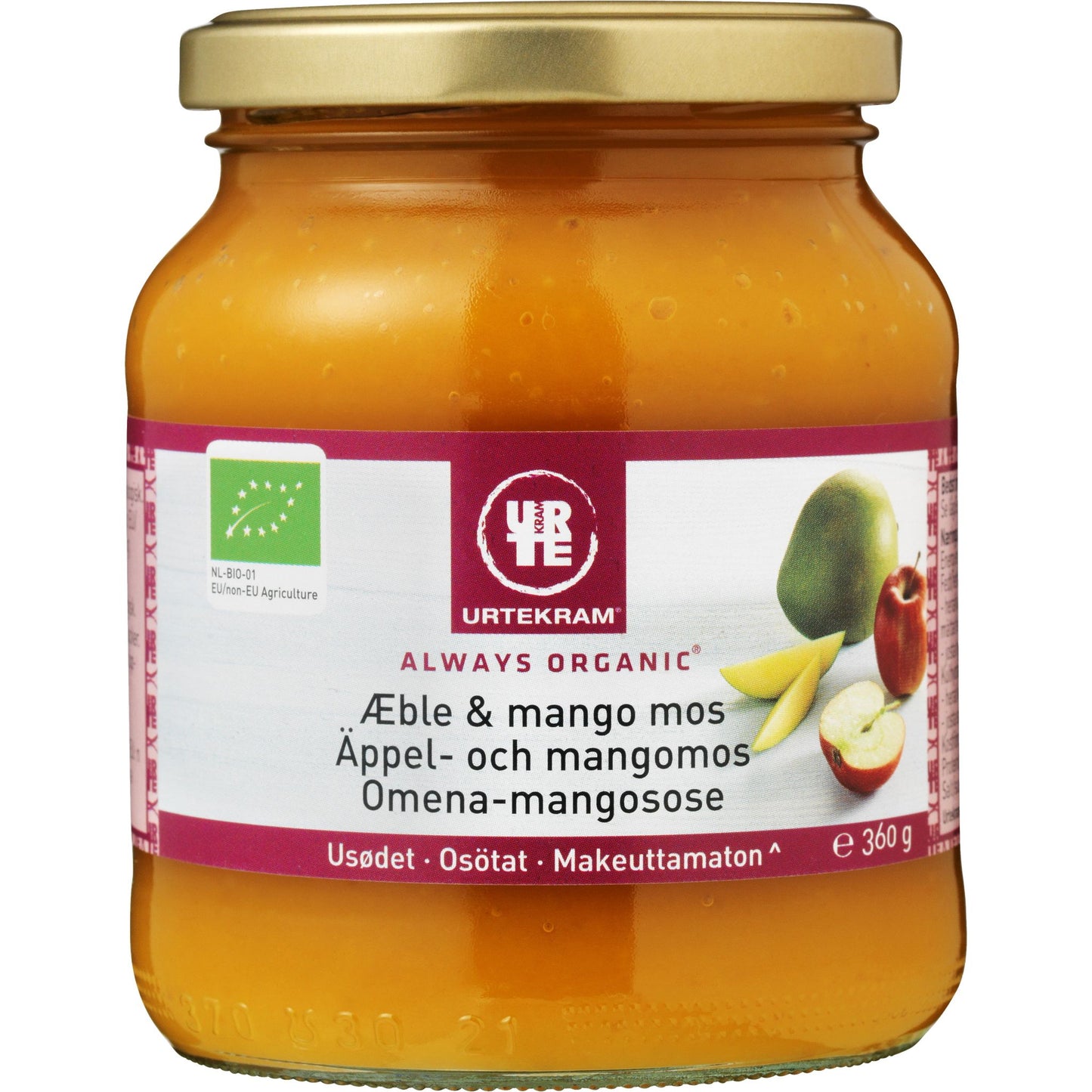Urtekram Luomu Omena-mangosose -purkki, 360 g, lasinen pyöreä purkki metallisella kierrekannella; etiketissä omena- ja mangokuvia, teksti tanskaksi, ruotsiksi ja suomeksi, mattapintainen groteskiteksti