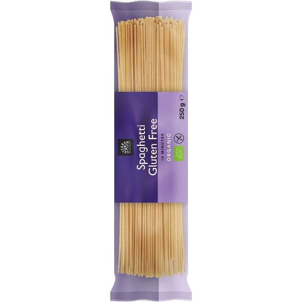 Urtekram Gluteeniton Luomu Spaghetti -pakkaus, 250 g, violetti kääre, läpinäkyvä osa näyttää spagetin; mattapintainen kääre, valkoinen-keltainen groteskiteksti "Spaghetti Gluten Free Organic"