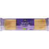 Urtekram Gluteeniton Luomu Spaghetti -pakkaus, 250 g, violetti etiketti "Spaghetti Gluten Free, 10 minutes, Organic", läpinäkyvät kohdat näyttävät pastan; suorakulmainen pakkaus, valkoinen-keltainen groteskiteksti