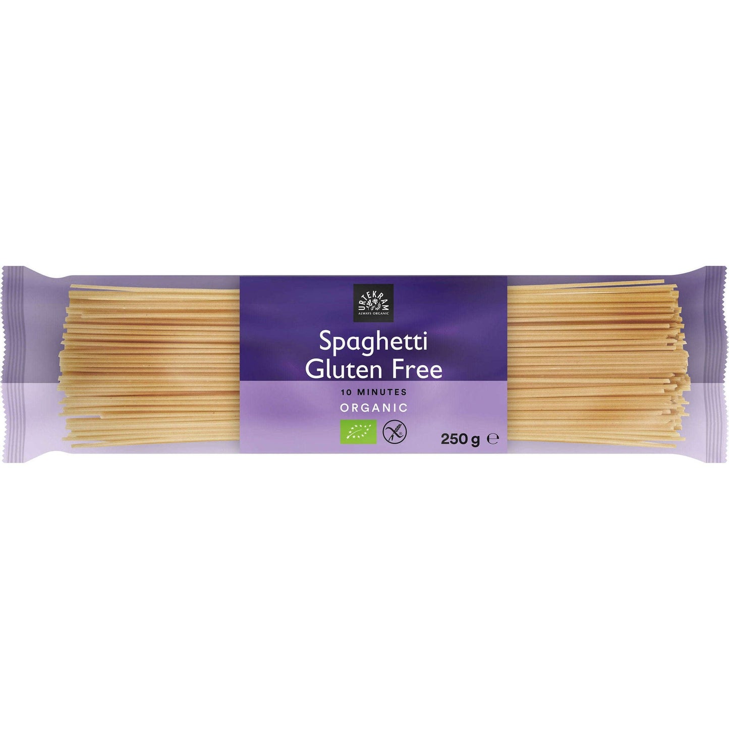 Urtekram Gluteeniton Luomu Spaghetti -pakkaus, 250 g, violetti etiketti "Spaghetti Gluten Free, 10 minutes, Organic", läpinäkyvät kohdat näyttävät pastan; suorakulmainen pakkaus, valkoinen-keltainen groteskiteksti