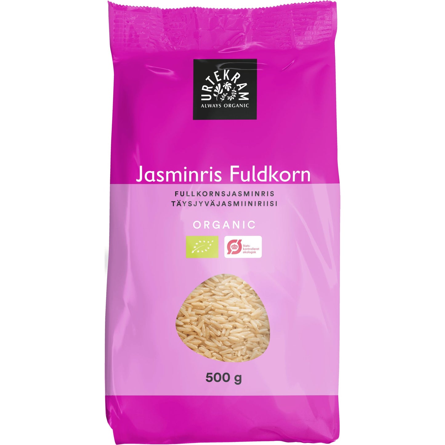 Urtekram Luomu Jasmiiniriisi täysjyvä -pussi, 500 g, vaaleanpunainen, läpinäkyvä ikkuna näyttää riisinjyvät; teksti tanskaksi ja suomeksi, groteskiteksti