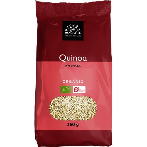 Urtekram Luomu Kvinoa -pakkaus, 350 g, punainen, kirkas ikkuna näyttää kvinoan; suorakulmainen mattapintainen pakkaus, vihreä-valkoinen sertifiointimerkki, teksti englanniksi ja toisella kielellä
