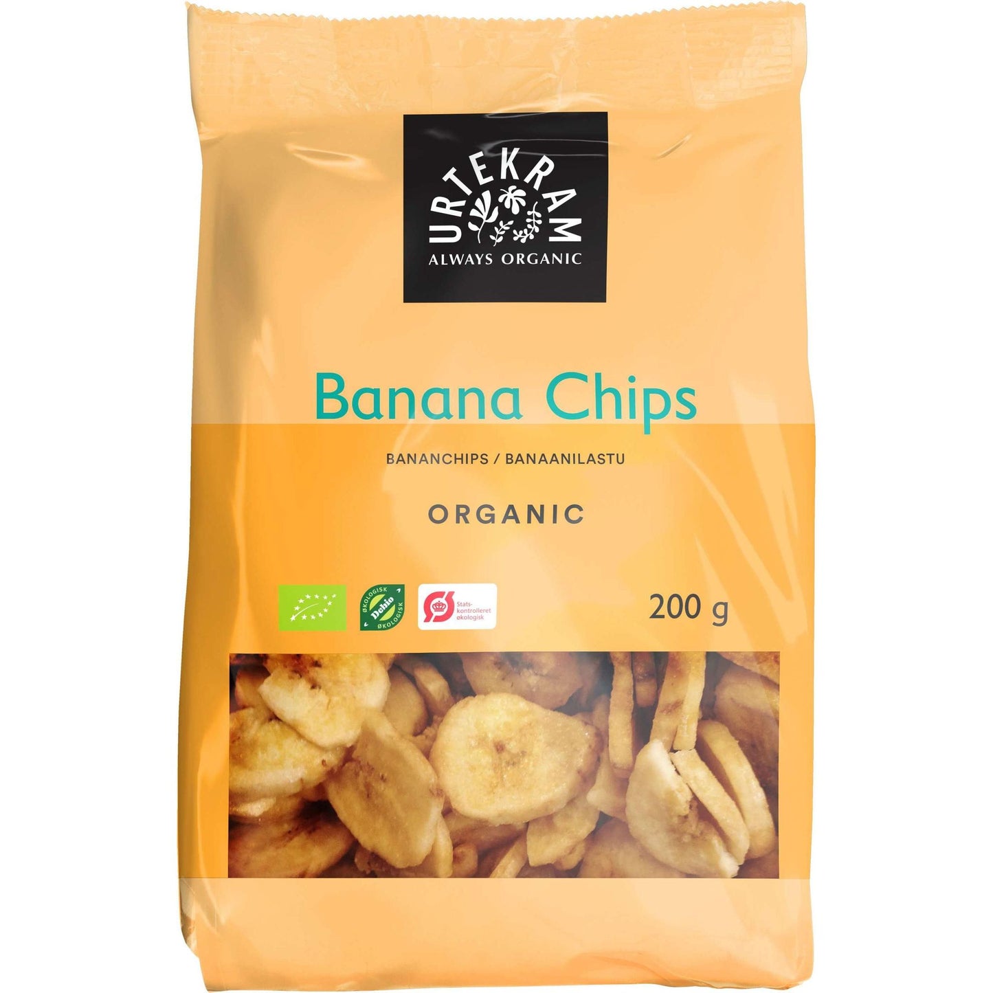 Urtekram Luomu Banaanilastu -pussi, 200 g, keltainen-oranssi, läpinäkyvä ikkuna näyttää banaanilastut; useita sertifiointimerkkejä alaosassa, lihavoitu groteskiteksti tuotenimelle
