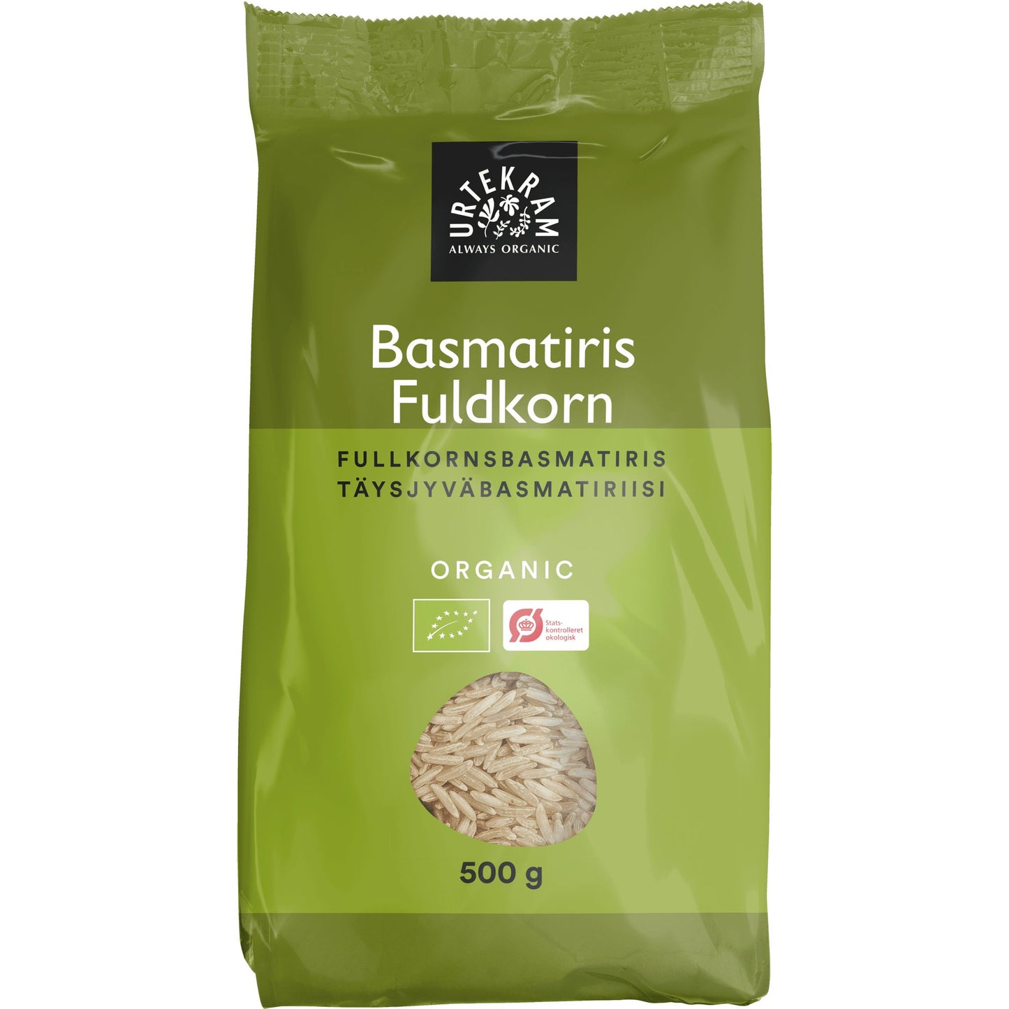 Urtekram Luomu Basmati täysjyväriisi -pussi, 500 g, vihreä, teksti useilla kielillä, kirkas ikkuna näyttää riisin; mattapintainen muovipakkaus, valkoinen-musta groteskiteksti, Urtekram-nimi näkyvästi yläosassa