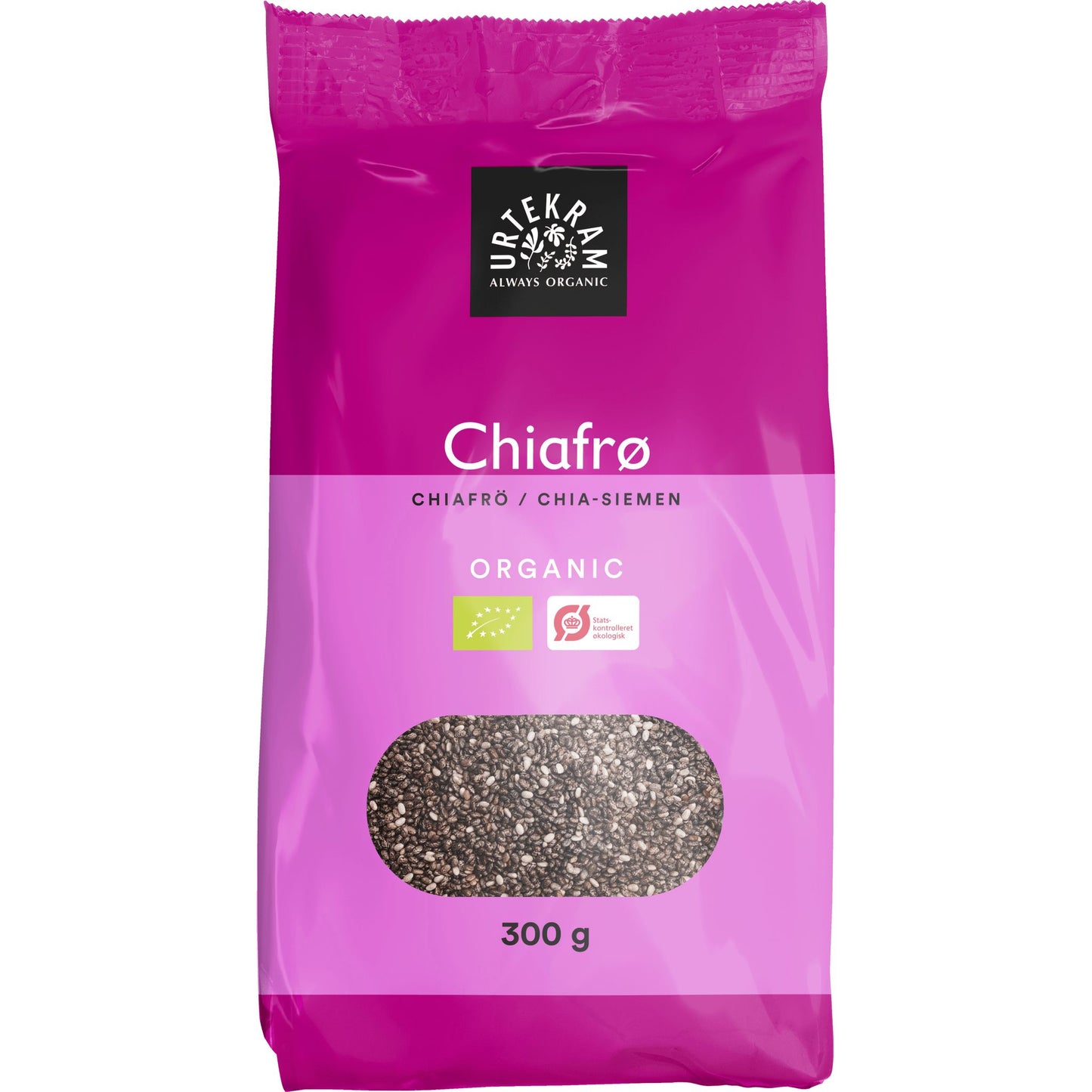 Urtekram Luomu Chia-siemen -pakkaus, 300 g, vaaleanpunainen mattapussi, kirkas ikkuna näyttää siemenet; pystysuora pussi lämpösaumatulla yläosalla, lihavoitu musta groteskiteksti, luomumerkit