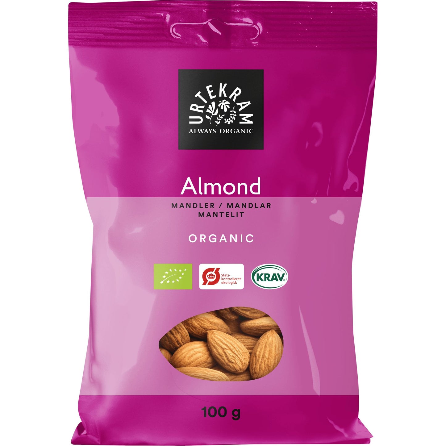 Urtekram Luomu Manteli 100 g, vaaleanpunainen pussi ikkunalla, josta mantelit näkyvät; vegaanimerkinnät, teksti useilla kielillä