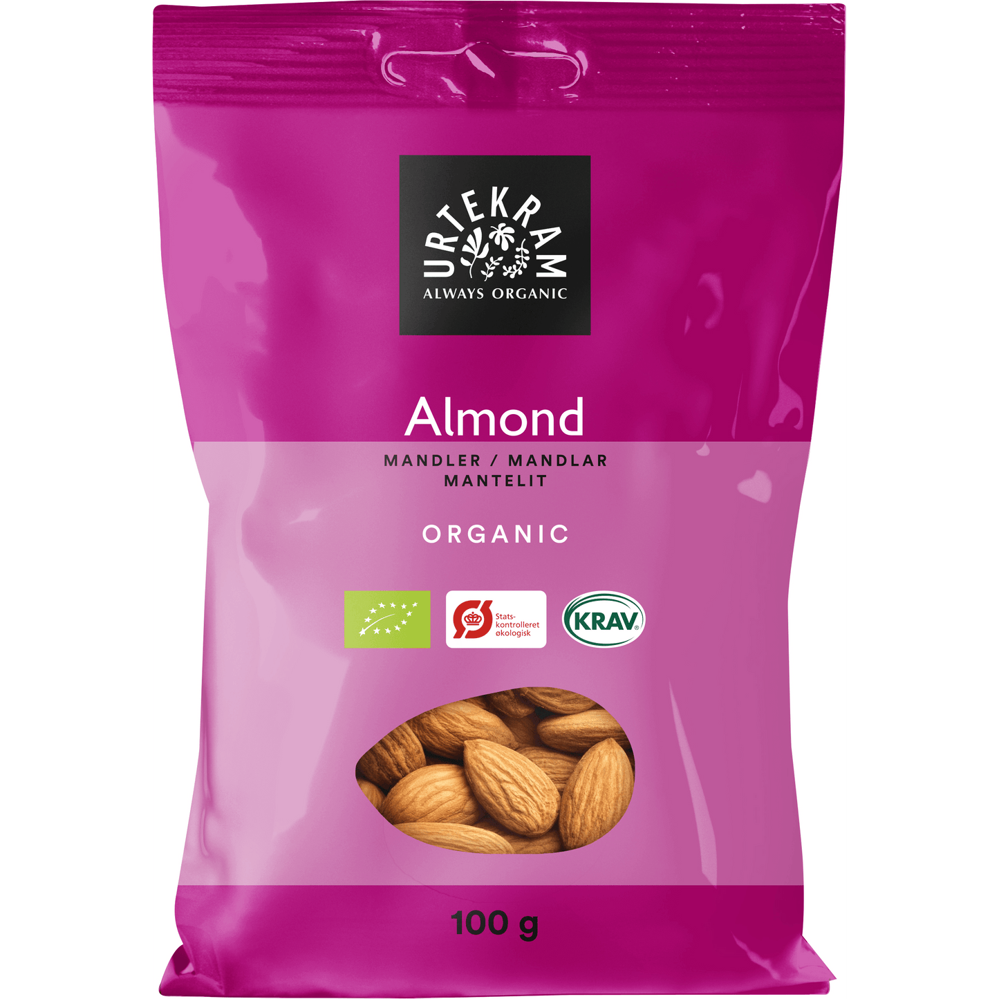 Vaaleanpunainen 100 g:n taipuisa muovipussi Urtekramin luomumanteleita mattapinnalla ja suorakulmaisella muodolla. Etupuolella on sertifikaattilogoja, läpinäkyvä ikkuna näyttämässä vaaleanruskeat kokonaiset mantelit, yksinkertaista valkoista pääteviivatonta tekstiä ja luettavaa etikettitekstiä tuotetiedoista. Valkoinen studiotausta, ei ihmisiä.