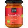 Urtekram Luomu Punainen pesto -purkki, lasinen, musta kansi, punainen mattaetiketti; vegaaninen, 130 g, teksti englanniksi ja suomeksi, lihavoitu valkoinen groteskiteksti