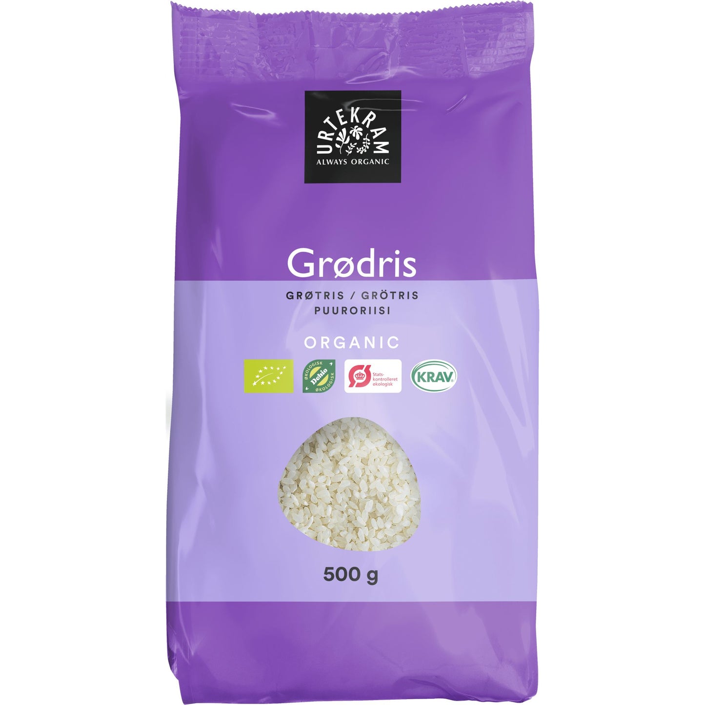 Urtekram Luomu Puuroriisi -pussi, 500 g, violetti, kirkas ikkuna näyttää riisin; mattapintainen muovipakkaus, valkoinen groteskiteksti ja logo yläosassa